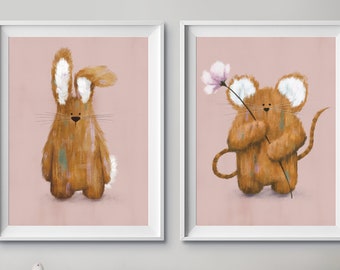 Bunny &Muis Set van twee kinderkamer Prints | Meisjes Kwekerij Prints | Schattige roze kinderprints | Leuke Meisjes Slaapkamer Posters