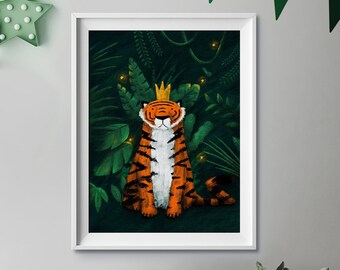 Lámina infantil del Rey Tigre / Arte mural de animales de la selva