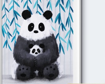 Lámina infantil de panda: Mamá y bebé, arte mural escandinavo