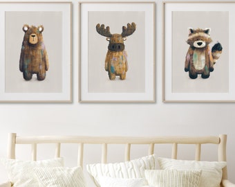 Woodland Nursery Prints Set of 3 (Neutral) - Ralphy, Bruce & Benji Woodland Nursery | Woodland Theme Nursery | Racoon Print | Bear Poster