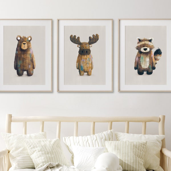 Woodland Nursery Prints Set of 3 (Neutral) - Ralphy, Bruce & Benji Woodland Nursery | Woodland Theme Nursery | Racoon Print | Bear Poster