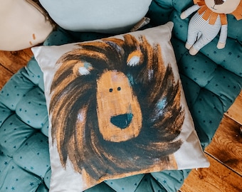 Rory the Lion Children's Pillow Cushion Cover - Gender Neutral Safari Theme Scandi Cushion Cover for Childrens Bedroom & Nursery
