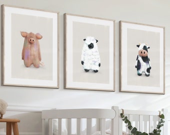 Farmyard Friends Set of 3 - Parker, Philippe & Pippa Farmyard Nursery Prints | Scandi Farm Nursery | Pig, Sheep and Cow | Nursery Wall Art