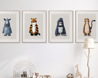 Jungle Safari Set of 4 Children's Prints -  For Baby Nursery & Kids Bedroom Decor | Tiger, Rhino, Gorilla and Cheetah Wall Art Set |