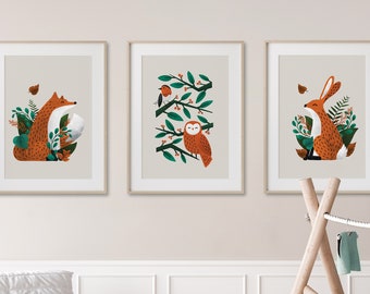 Neutral Woodland Set of Three Nursery Prints | Fox, Owl & Hare Neutral Children's Prints | Scandi Boho Style Nursery wall art