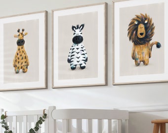 Safari Friends Set of 3 Neutral - Rory, Zara & Raffi Safari Nursery Prints | Safari Scandi Nursery | Lion Zebra Giraffe | Nursery Wall Art