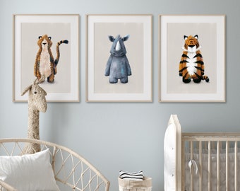 Jungle Safari Set of 3 Children's Prints -  For Baby Nursery & Kids Bedroom Decor | Tiger, Rhino and Cheetah Children's Wall Art Set