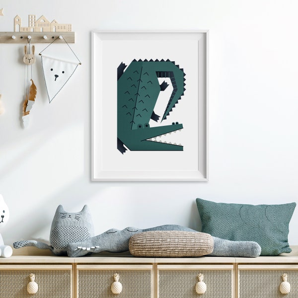 Crocodile children's Nursery Print - Minimal, Geometric Croc - Safari Theme Scandi Wall Art for Childrens Bedroom or baby Nursery