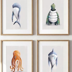 Under the Sea Nursery Prints: Turtle, Whale, Octopus, Shark - Set of 4