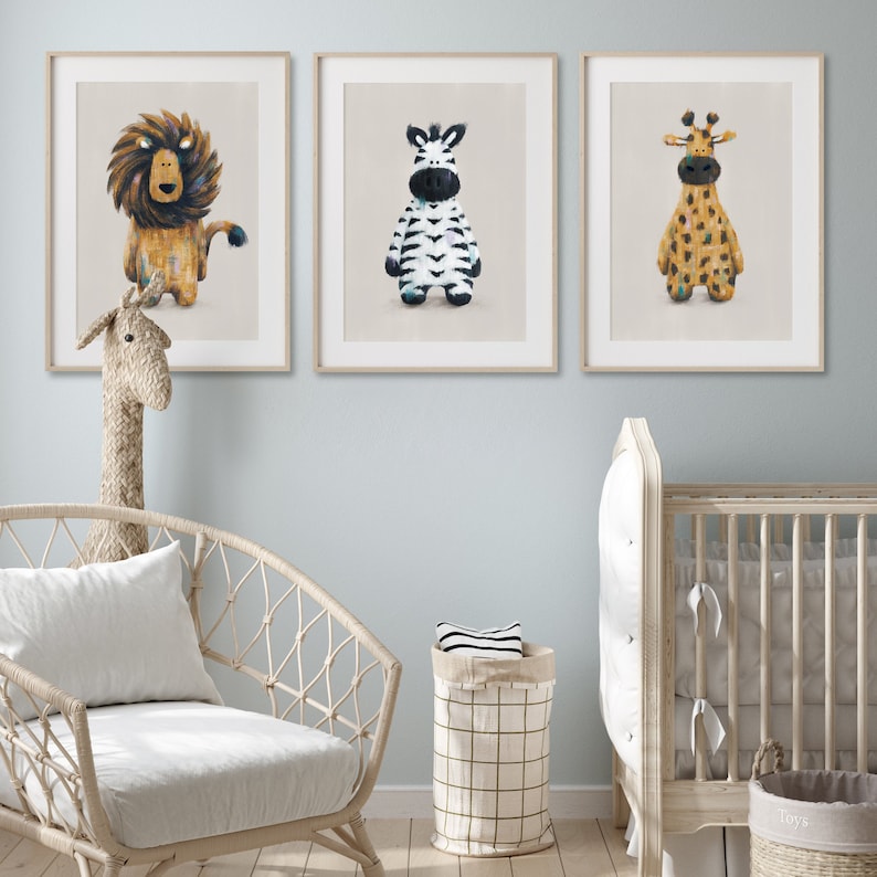 Safari Friends Set of 3 Neutral - Rory, Zara & Raffi Safari Nursery Prints | Safari Scandi Nursery | Lion Zebra Giraffe | Nursery Wall Art 