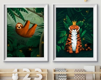 Set of Two Sloth & Tiger Nursery Prints | Jungle Themed Nursery | Forest Print Set | Jungle Wall Art | Tiger Print