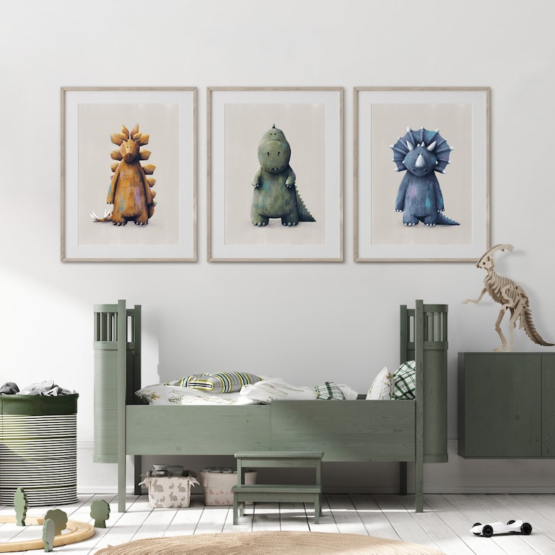 Dinosaur nursery prints set of three T-Rex print Stegosaurus Print Triceratops Print Children's dino wall art posters image 1