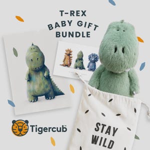 May include: A T-Rex baby gift bundle featuring a green plush dinosaur, a canvas bag with "Stay Wild" text, and dinosaur art prints. The prints showcase various dinosaurs in watercolour style. The Tigercub logo is visible.