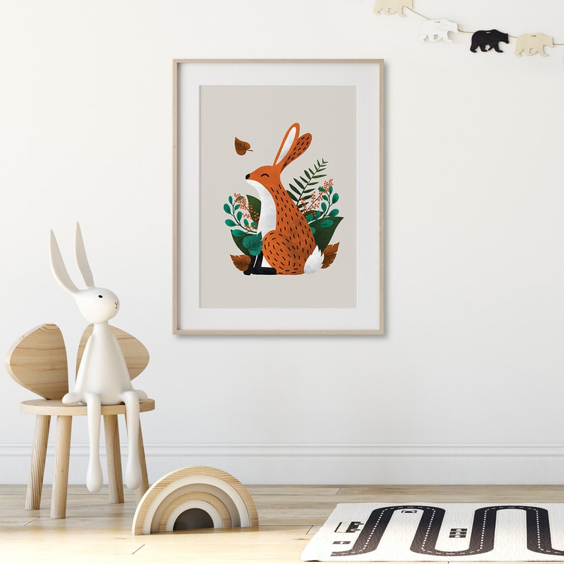 Scandi Woodland Nursery Prints Fox & Hare Neutral Nursery Prints Set of Two Woodland Wall Decor Forrest Nursery Prints Fox Wall-Art image 4