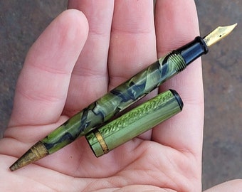 Vintage Green Marble Flat Top Combo Fountain Pen / Pencil 1950's 60s 4.5"