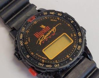 Vintage Winston Racing Team zwart digitaal horloge roestvrij staal achterkant heeft batt nodig