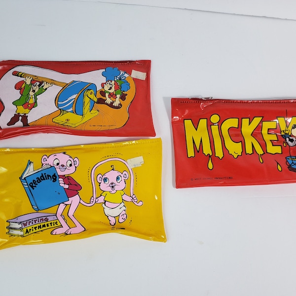 Vintage Lot 3 1984 Keebler Elf Mickey Mouse Pink Panther Pencil Case Vinyl Zipper Pouch Bag