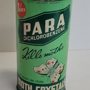 Vtg Para Moth Crystals EMPTY Green Tin 6&quot; The Mabex Co Kills Moths Great Graphics