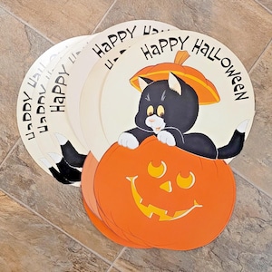 Lote vintage de 6 adornos de Halloween troquelados con forma de gato negro, calabaza, saludos estadounidenses, 29"
