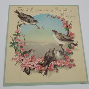 Cartão vitoriano original da década de 1880, cartão de felicitações, aniversário, pássaros, flores