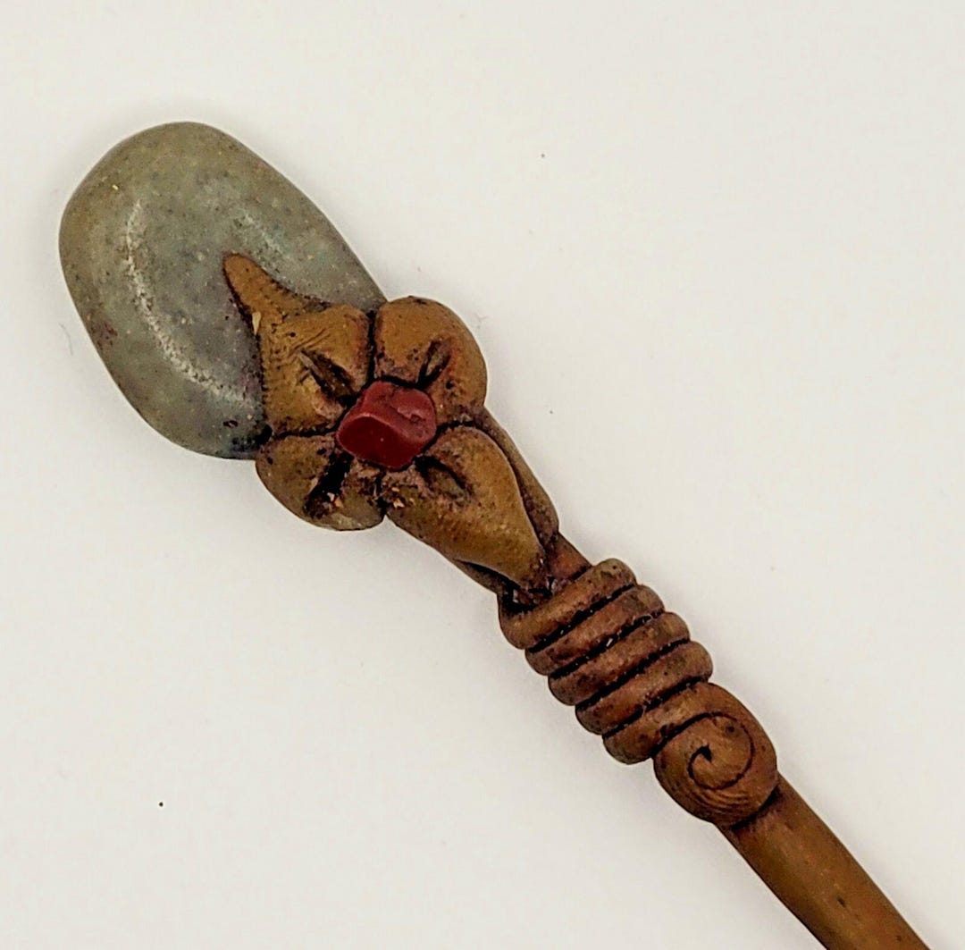 Vintage Hair Stick Hairpin Knitting Needle Wand Carved Wood with Stones 60\'s Vintage Hair Stick Hairpin Knitting Needle Wand Carved Wood  main image 2