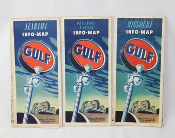 Lot of 3 1940s/50s Gulf Oil / Gas Road Maps Alabama, Missouri, Oklahoma / Kansas