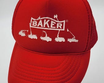 vintage Baker Equipment Casquette trucker rouge et blanche snapback en maille imprimée