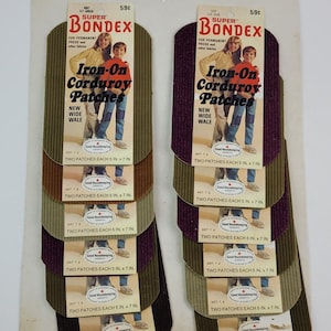 Vintage 1970er Jahre Bondex Aufnäher zum Aufbügeln Full Display Card Werbung 24 Patches Tan Elf Green Fine Wine NOS