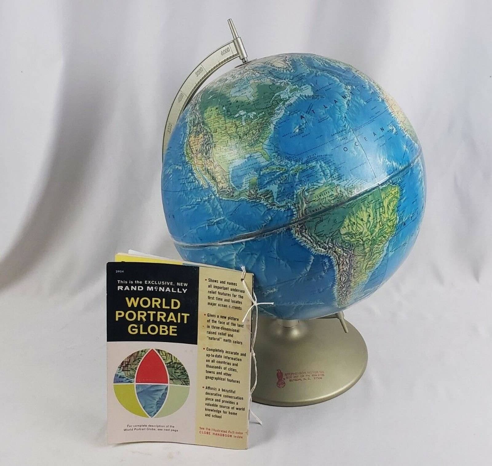 Vtg 1960S Rand Mcnally World Portrait Raised Globe with Booklet Oil Adverting