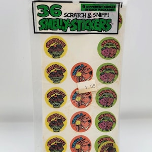 NEUE Vintage 80er Jahre Gordy Scratch & Sniff Stickers - 6 Verschiedene Düfte Süßigkeiten Essen