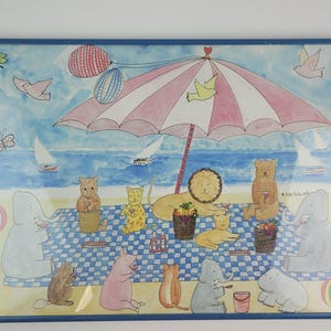 Susan Verble Gantner 1983 Lithograph Art Print Picnic By The Sea 18x13 USA Litho