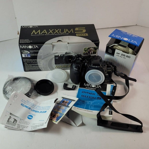 Minolta Maxxum 5 Date 35mm Camera w/ AF 28-80mm Lens Boxed Works But READ