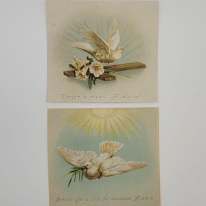Conjunto de 2 cartões vitorianos originais da década de 1880 - Pomba da Páscoa de Jesus Cristo