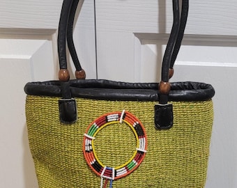 Vintage 70s 80s Tribal Yellow Green Woven Basket Beaded Handbag Purse Handmade