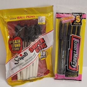May include: Two packs of pens. One is a yellow pack of Scripto Super Stic medium ball pens, 10-pack. The other is a pink and yellow pack of Eraser Mate 2 erasable ink pens, 5-pack.