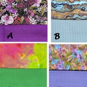 May include: Four different fabric swatches with a waffle-textured fabric underneath. The top fabric swatches are: a floral print with butterflies, a blue and brown swirl pattern, a tie-dye pattern in pink and green, and a purple and blue abstract pattern. The bottom fabric swatches are: purple, blue, green, and lavender.