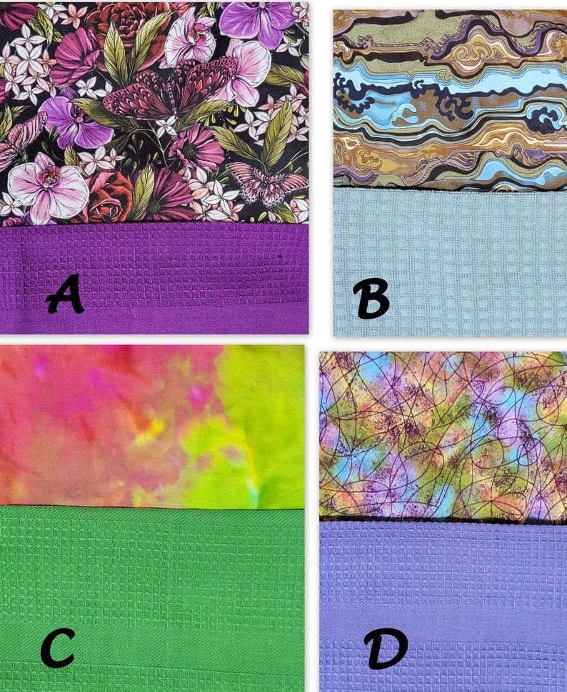 May include: Four different fabric swatches with a waffle-textured fabric underneath. The top fabric swatches are: a floral print with butterflies, a blue and brown swirl pattern, a tie-dye pattern in pink and green, and a purple and blue abstract pattern. The bottom fabric swatches are: purple, blue, green, and lavender.