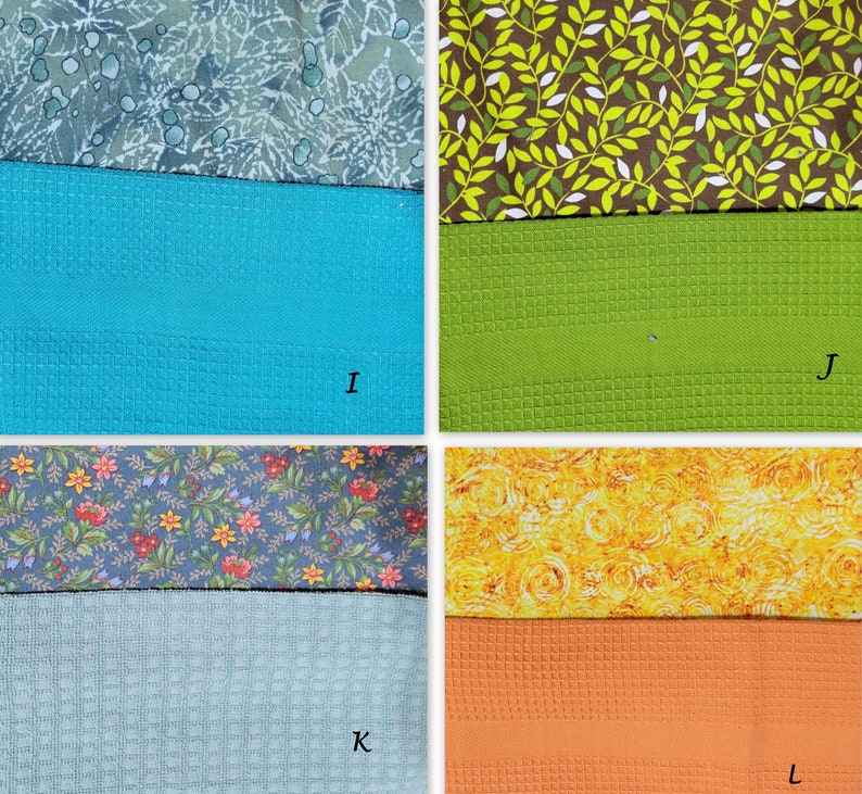 May include: A collage of fabric swatches, showing different patterns and textures. The top row features a blue and white floral pattern, a green and white leaf pattern, a turquoise waffle weave, and a green waffle weave. The bottom row features a blue and white floral pattern, a yellow swirl pattern, a light blue waffle weave, and an orange waffle weave.