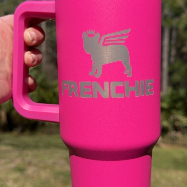 40 oz Custom Frenchie Tumbler. Made to order. Allow 3-5 days for processing plus shipping. Has handle and screw on lid & clear straw.