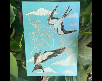 five of wands/branches. swallow-tailed kites and cypress branches