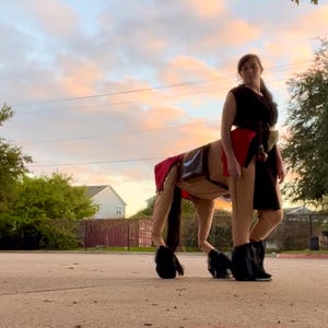 Peut inclure: Une personne porte un costume de centaure sur une surface pavée. Le costume présente un corps de cheval beige avec des sabots noirs et une selle rouge. La personne porte une robe et des bottes noires. Le ciel est un mélange d'orange, de rose et de bleu.