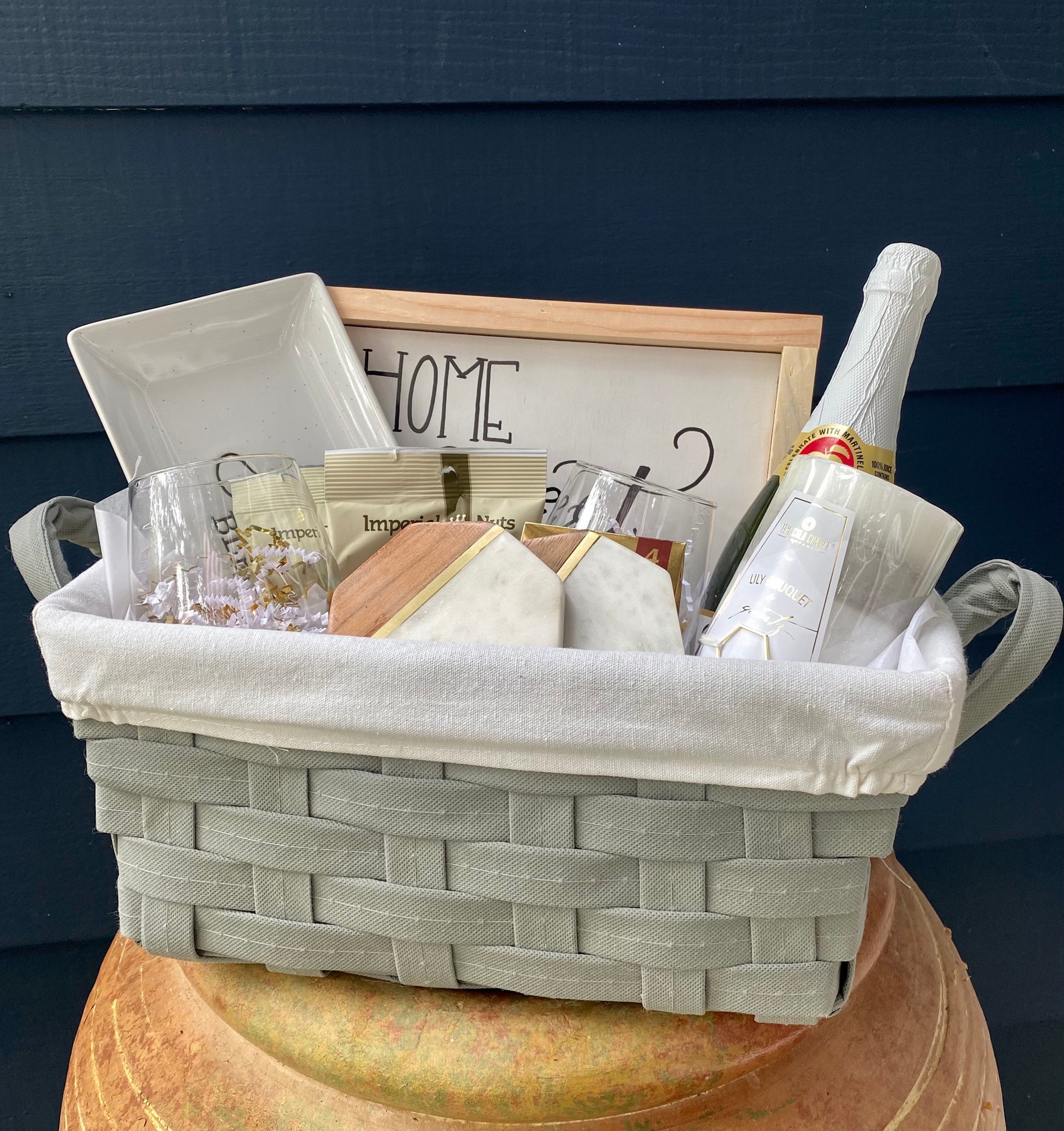 Champagne Themed Gift Basket With Custom Sign Etsy
