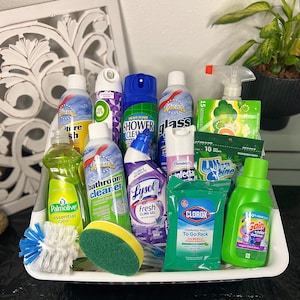 May include: A basket filled with various cleaning supplies, including a green and white Palmolive essential clean dish soap, a blue and white Lysol fresh cling gel, a green and white Clorox disinfecting wipes to-go pack, a green and white Gain odor defense laundry detergent, and a green and white bathroom cleaner.