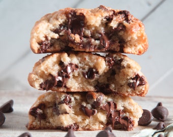 Classic Chocolate Chip Cookies, 2.6oz each. handcrafted decadent, crunchy on the outside, and chewy in the center