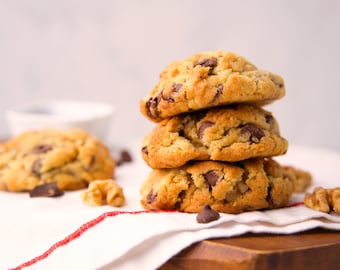 Walnuts Chocolate Chip Cookies, 2.6oz.  Handcrafted Deliciously decadent cookies, crunchy on  the outside, and chewy in the center