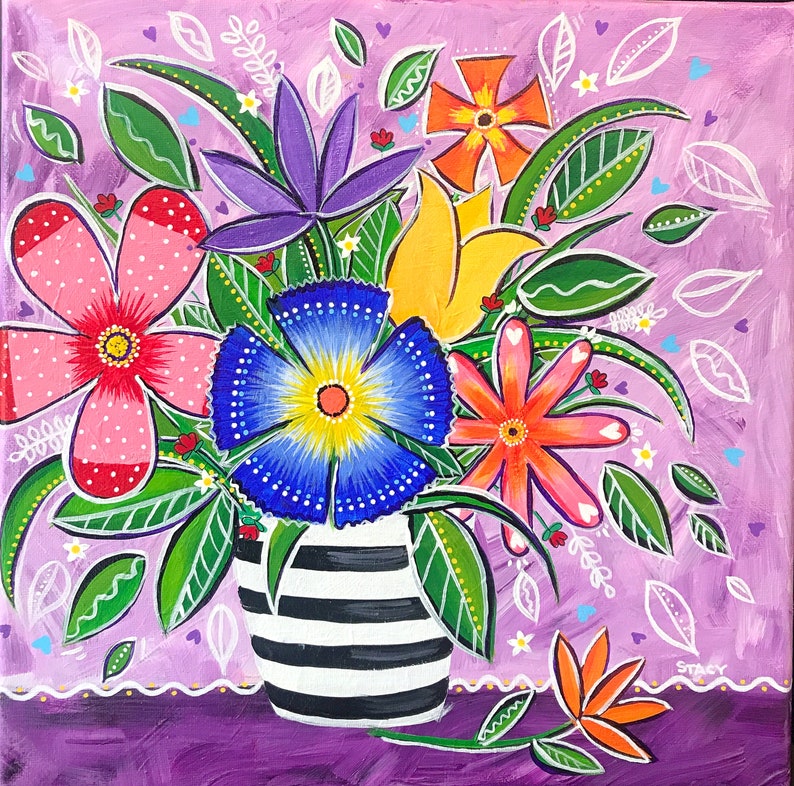Colorful Folk Art Flower Painting Whimsical Flower Art Etsy