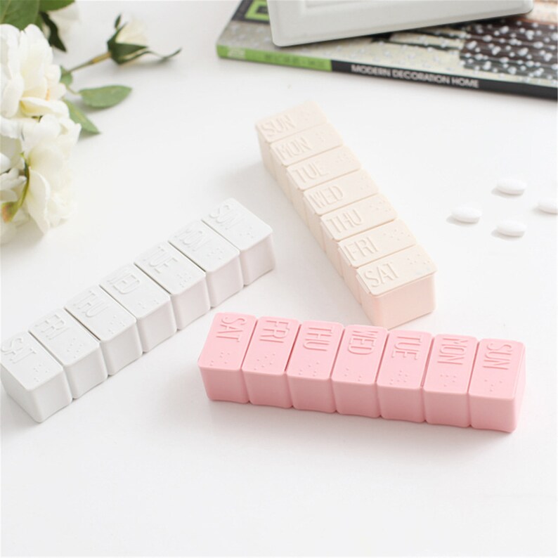 One Week Mini Square Pill Box Braille Portable Daily Pill Case Weekly Travel Pill Organizer 2PCS 7 Days Portable Pill Organizer