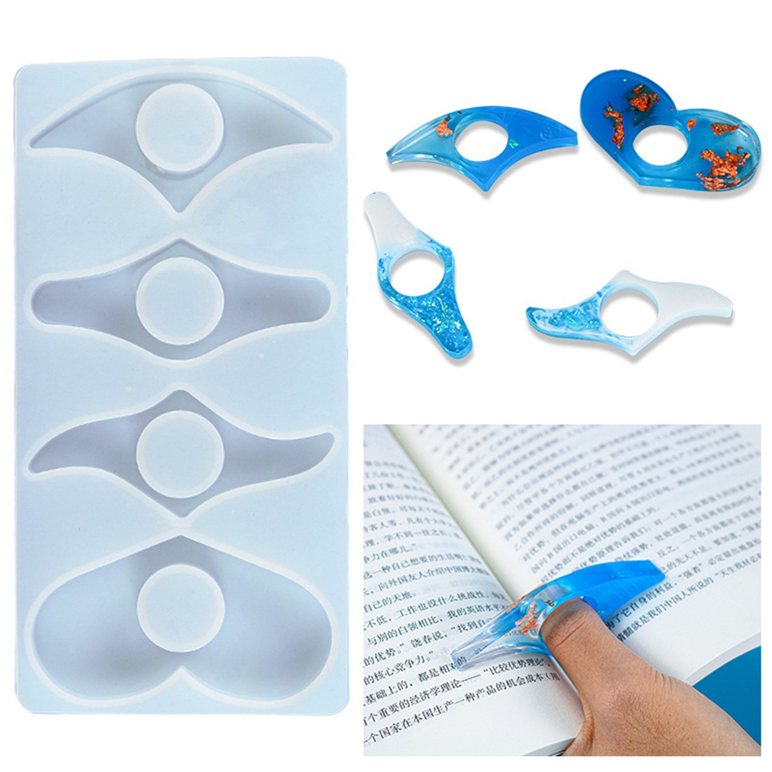 Moule Silicone Porte-Page Livre - 4 Formes (Cœur, Losange, Moulin, Éventail) - DIY Résine Époxy - Cadeau Lecteur