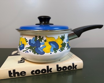 Vintage Retro Mushrooms and Onions Enamel Sauce Pot