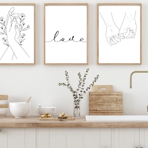 Minimalist Wall Art Trio, Holding Hands, Love